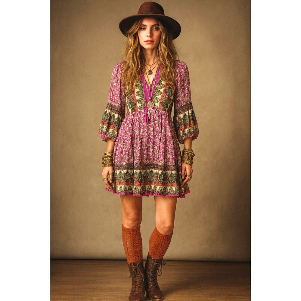 Umgee Boho Floral Mini Dress Pink Hippy Retro Stevie Nicks Vibes M